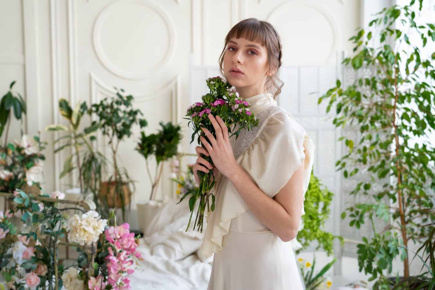 -Bridgerton-wedding-bride-flowers-white-wall